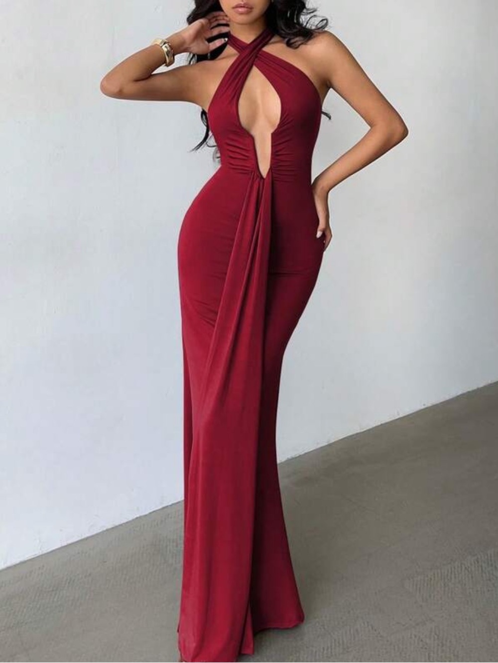 Burgundy Halter Ruched Keyhole Evening Gown